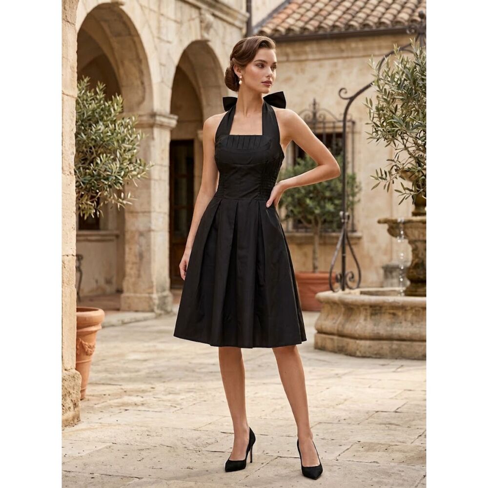 NWT UNIQUE VINTAGE Black Bow Halter Fit & Flare Mini Dress Retro Pinup, Size S